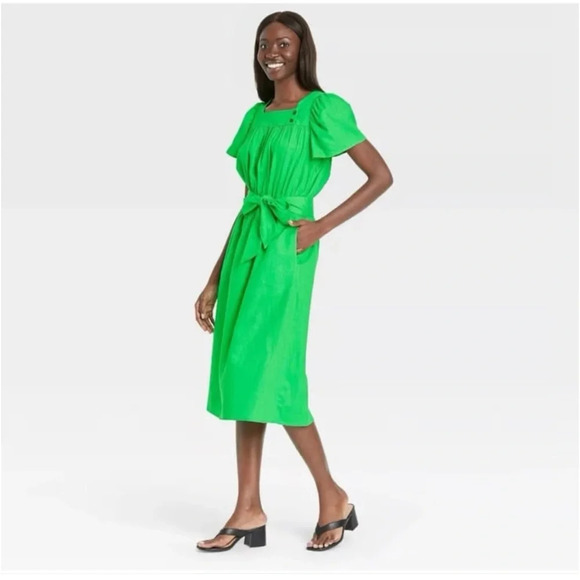 Who What Wear Green Linen Square Neck Midi Dress Pockets Short Sleeve Twee Med - Picture 1 of 14